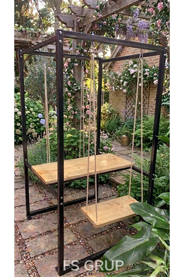 2 Kişilik Salıncaklı Masa Bahçe Balkon Kafe İçin Metal Standlı Ahşap Set